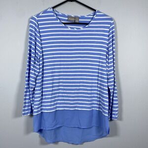 Chicos Blue White Striped Stretch Women's Sz 1 M Chiffon Hem Roll Tab Sleeve Top